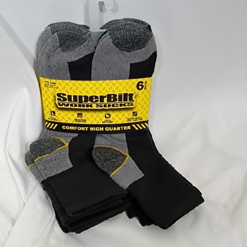 NWT SuperBilt Work Socks Comfort High Quarter 6 Pack Mens Shoe Size 6-11